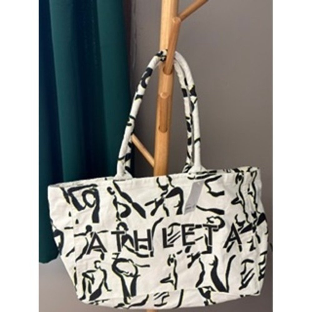 Athleta Power of She Canvas Tote Bag White Black Yoga Graphic Print NWT